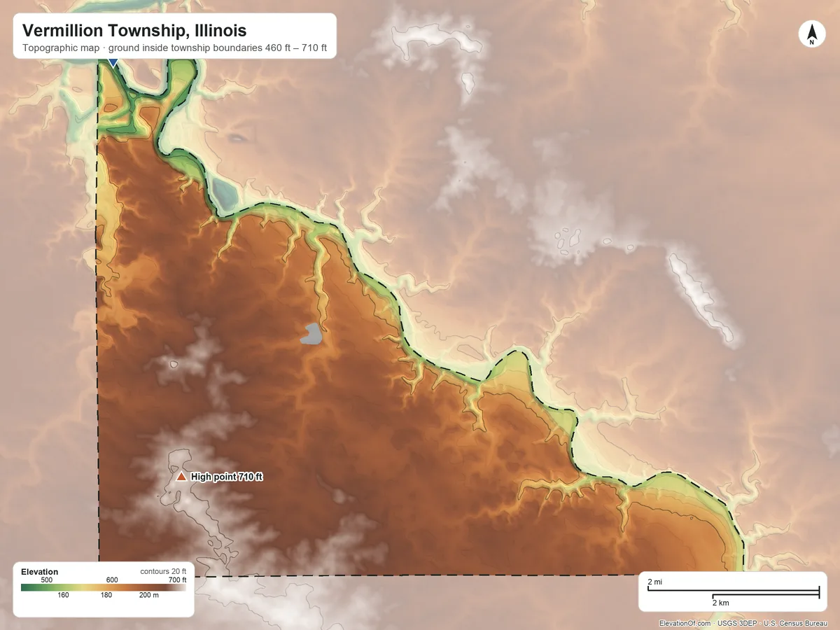 Topographic elevation map of Vermillion Township, Illinois, shaded from 460 ft on the northwest side to 710 ft on the southwest side