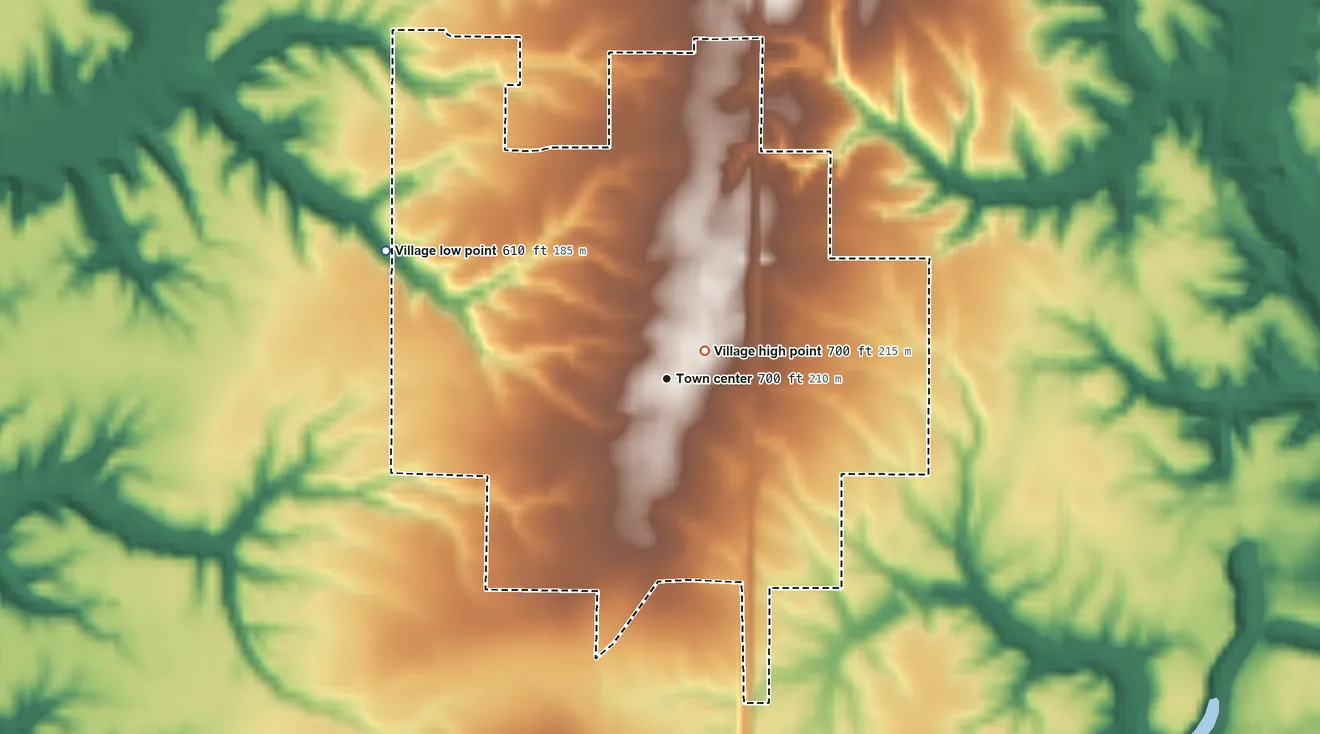Topographic elevation map of Vermont, Illinois, shaded from 610 ft on the northwest side to 700 ft near the middle