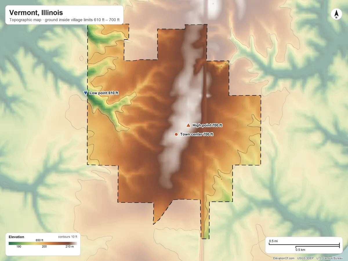 Topographic elevation map of Vermont, Illinois, shaded from 610 ft on the northwest side to 700 ft near the middle