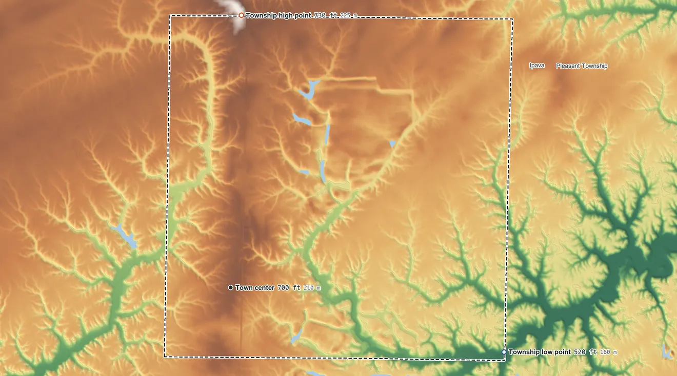 Topographic elevation map of Vermont Township, Illinois, shaded from 520 ft on the east side to 730 ft on the north side