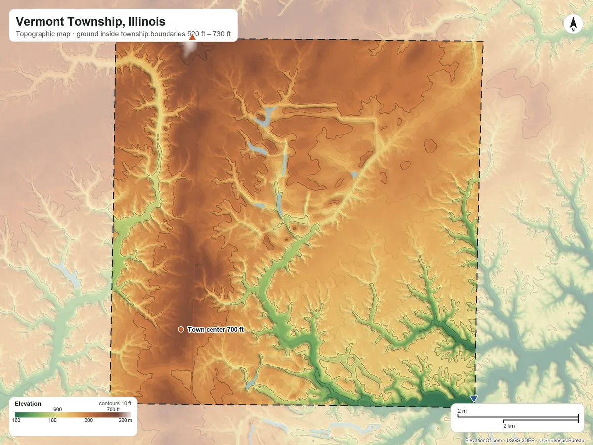 Topographic elevation map of Vermont Township, Illinois, shaded from 520 ft on the east side to 730 ft on the north side