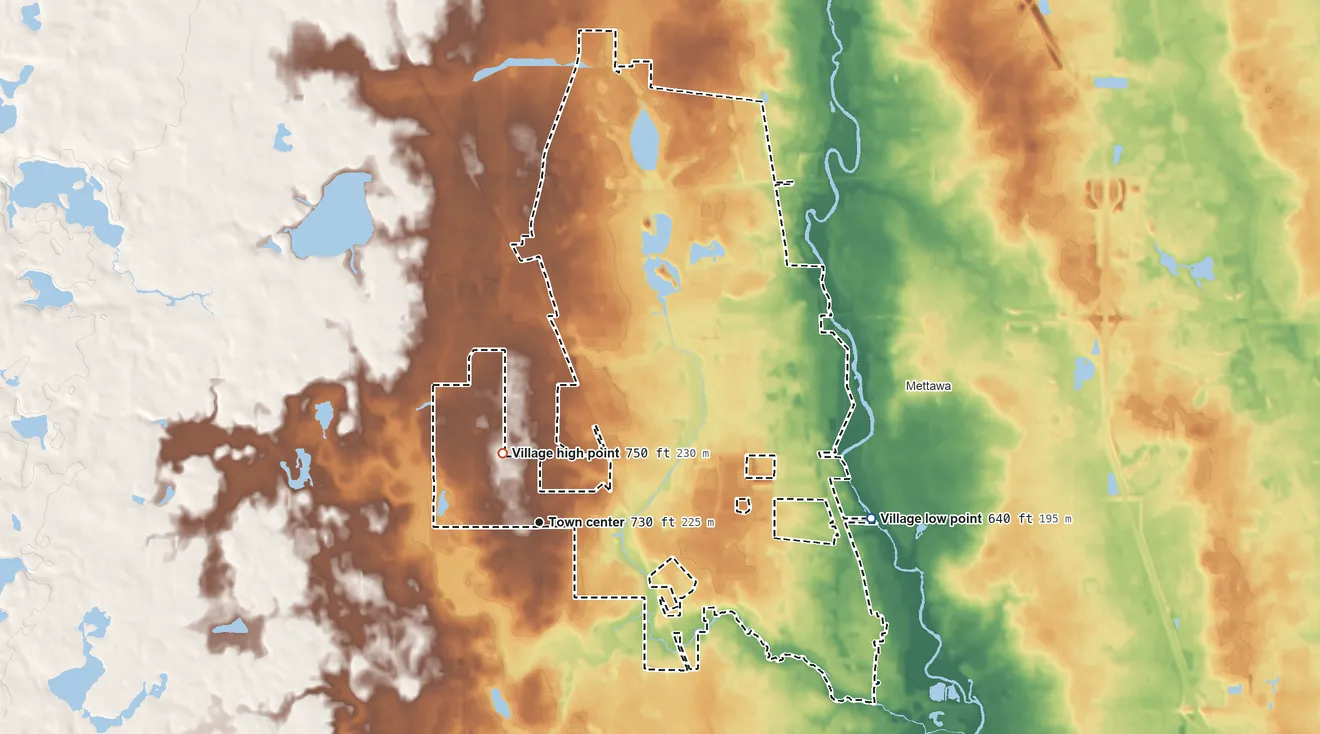 Topographic elevation map of Vernon Hills, Illinois, shaded from 640 ft on the east side to 750 ft near the middle