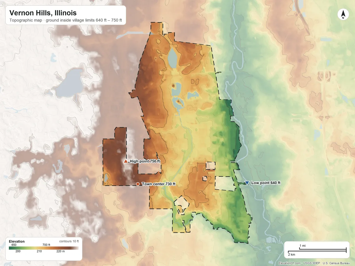 Topographic elevation map of Vernon Hills, Illinois, shaded from 640 ft on the east side to 750 ft near the middle