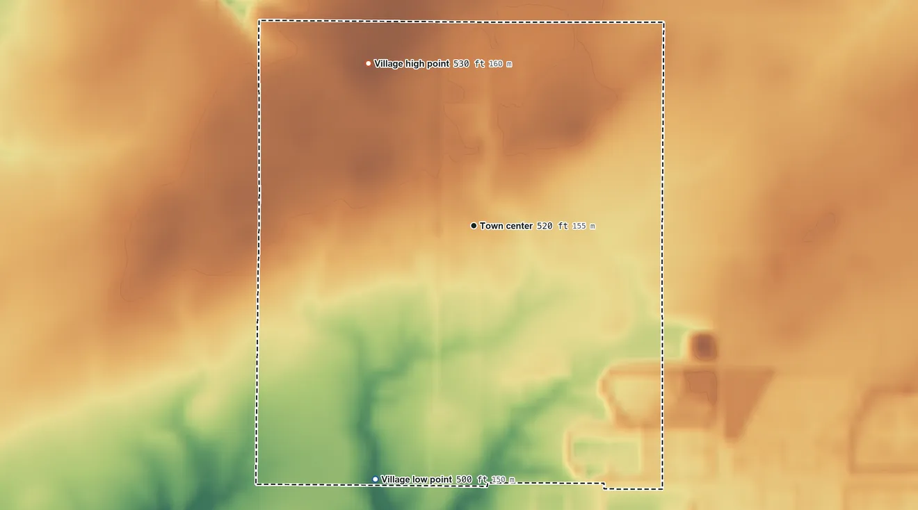 Topographic elevation map of Vernon, Illinois, shaded from 500 ft on the south side to 530 ft on the northwest side