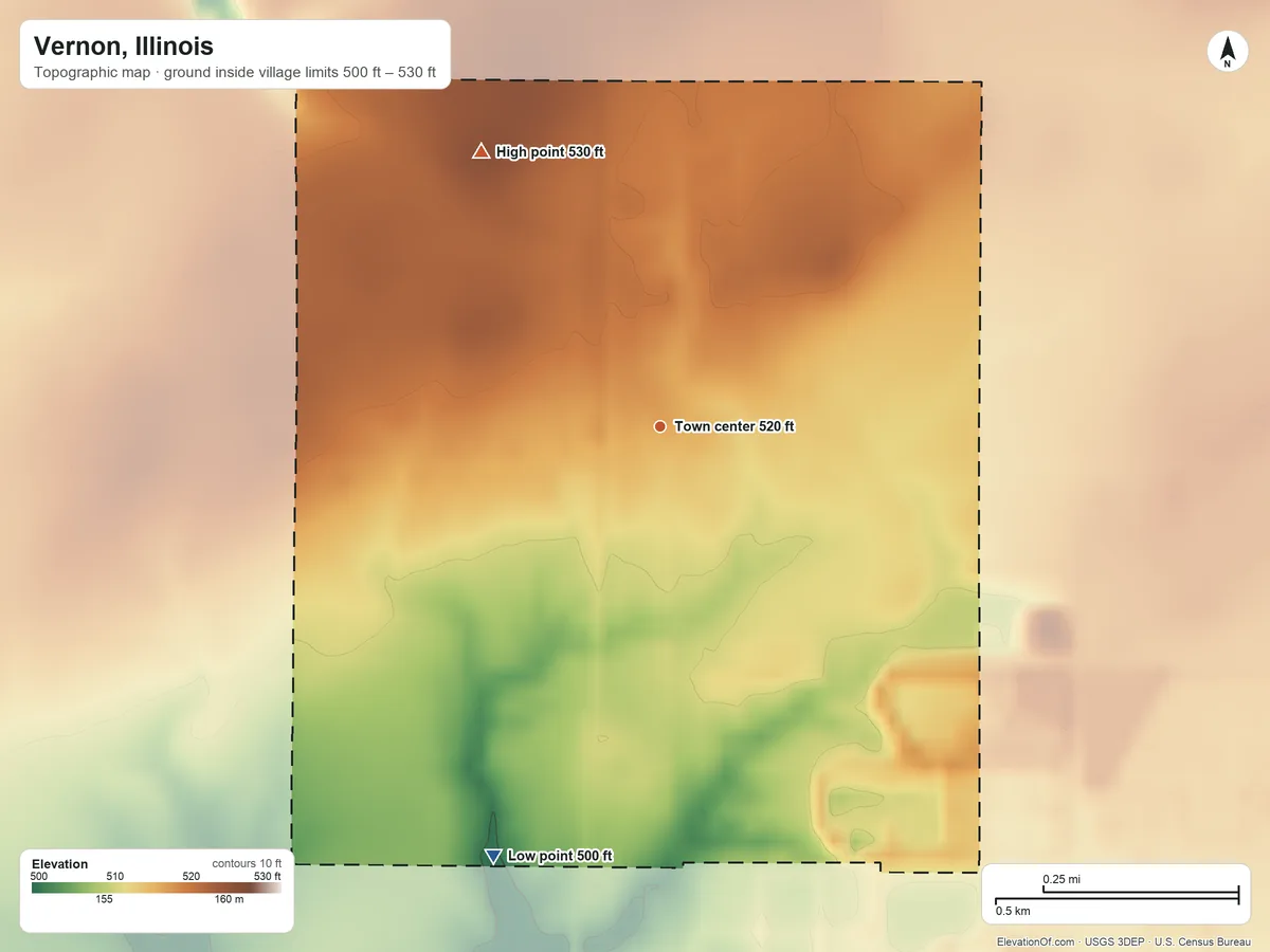 Topographic elevation map of Vernon, Illinois, shaded from 500 ft on the south side to 530 ft on the northwest side