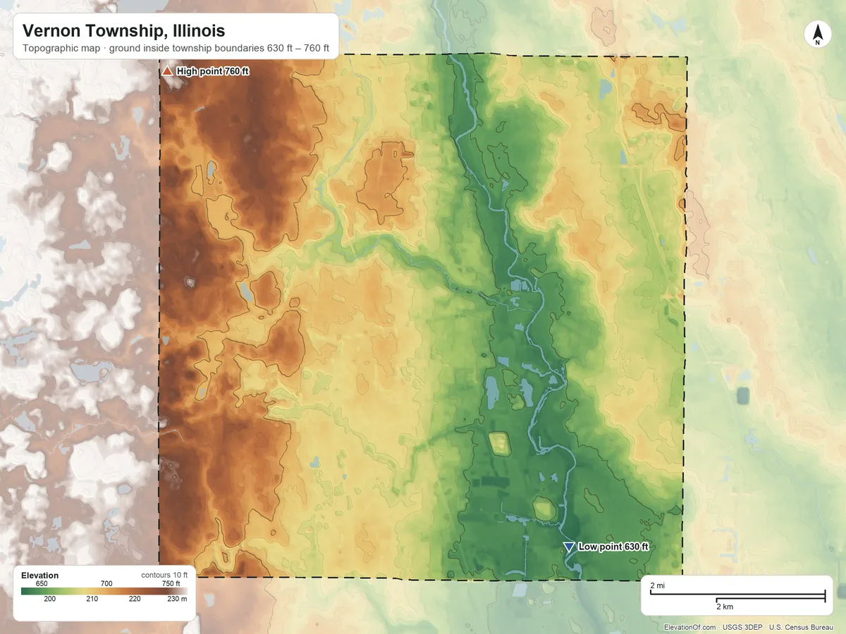 Topographic elevation map of Vernon Township, Illinois, shaded from 630 ft on the southeast side to 760 ft on the northwest side