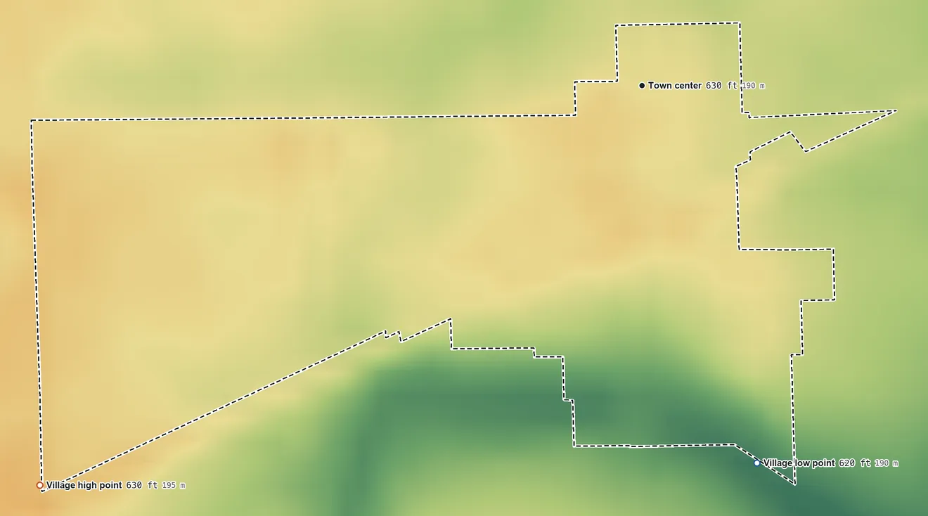 Topographic elevation map of Verona, Illinois, shaded from 620 ft on the south side to 630 ft on the southwest side