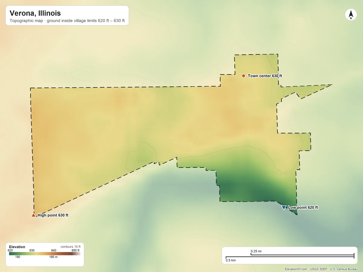 Topographic elevation map of Verona, Illinois, shaded from 620 ft on the south side to 630 ft on the southwest side