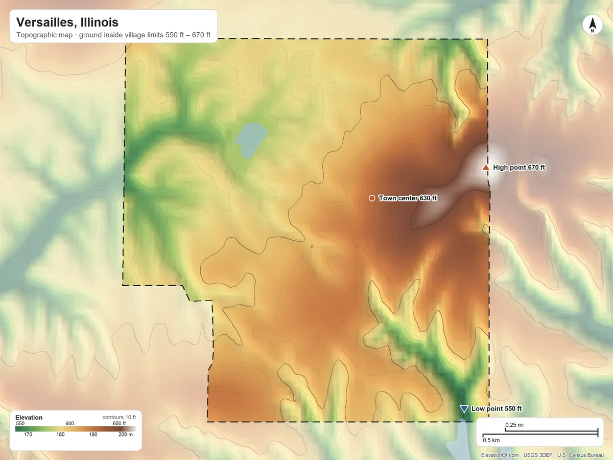 Topographic elevation map of Versailles, Illinois, shaded from 550 ft on the southeast side to 670 ft on the east side