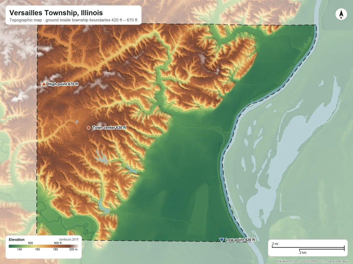Topographic elevation map of Versailles Township, Illinois, shaded from 420 ft on the southeast side to 670 ft on the northwest side