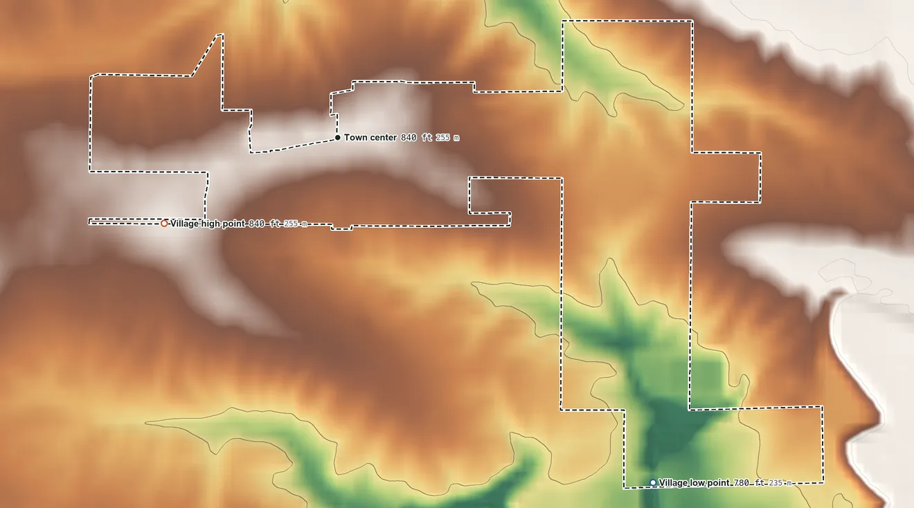 Topographic elevation map of Victoria, Illinois, shaded from 780 ft on the southeast side to 840 ft on the southwest side