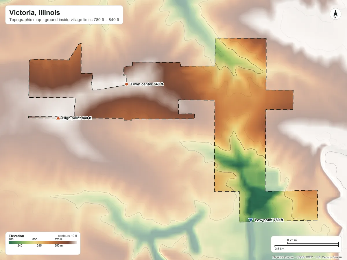 Topographic elevation map of Victoria, Illinois, shaded from 780 ft on the southeast side to 840 ft on the southwest side