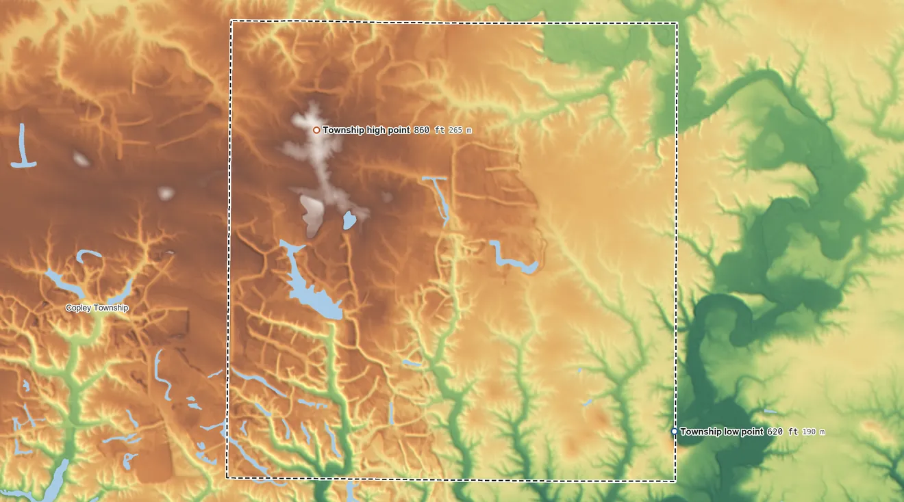 Topographic elevation map of Victoria Township, Illinois, shaded from 620 ft on the southeast side to 860 ft on the north side