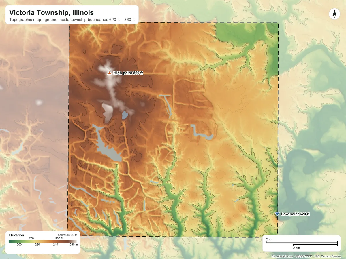 Topographic elevation map of Victoria Township, Illinois, shaded from 620 ft on the southeast side to 860 ft on the north side