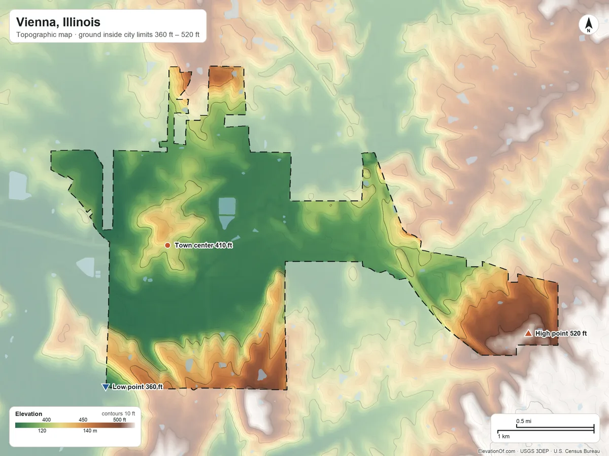 Topographic elevation map of Vienna, Illinois, shaded from 360 ft on the southwest side to 520 ft on the east side