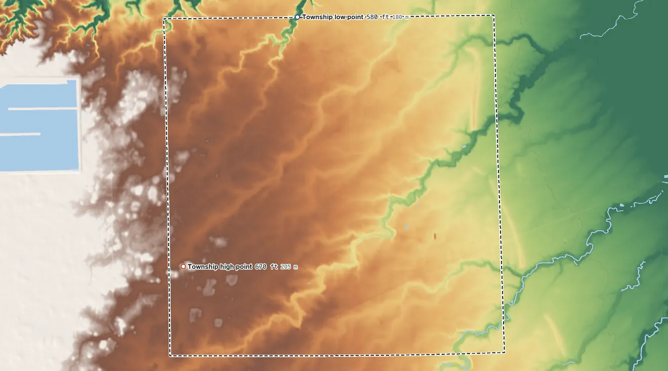 Topographic elevation map of Vienna Township, Illinois, shaded from 580 ft on the north side to 670 ft on the west side
