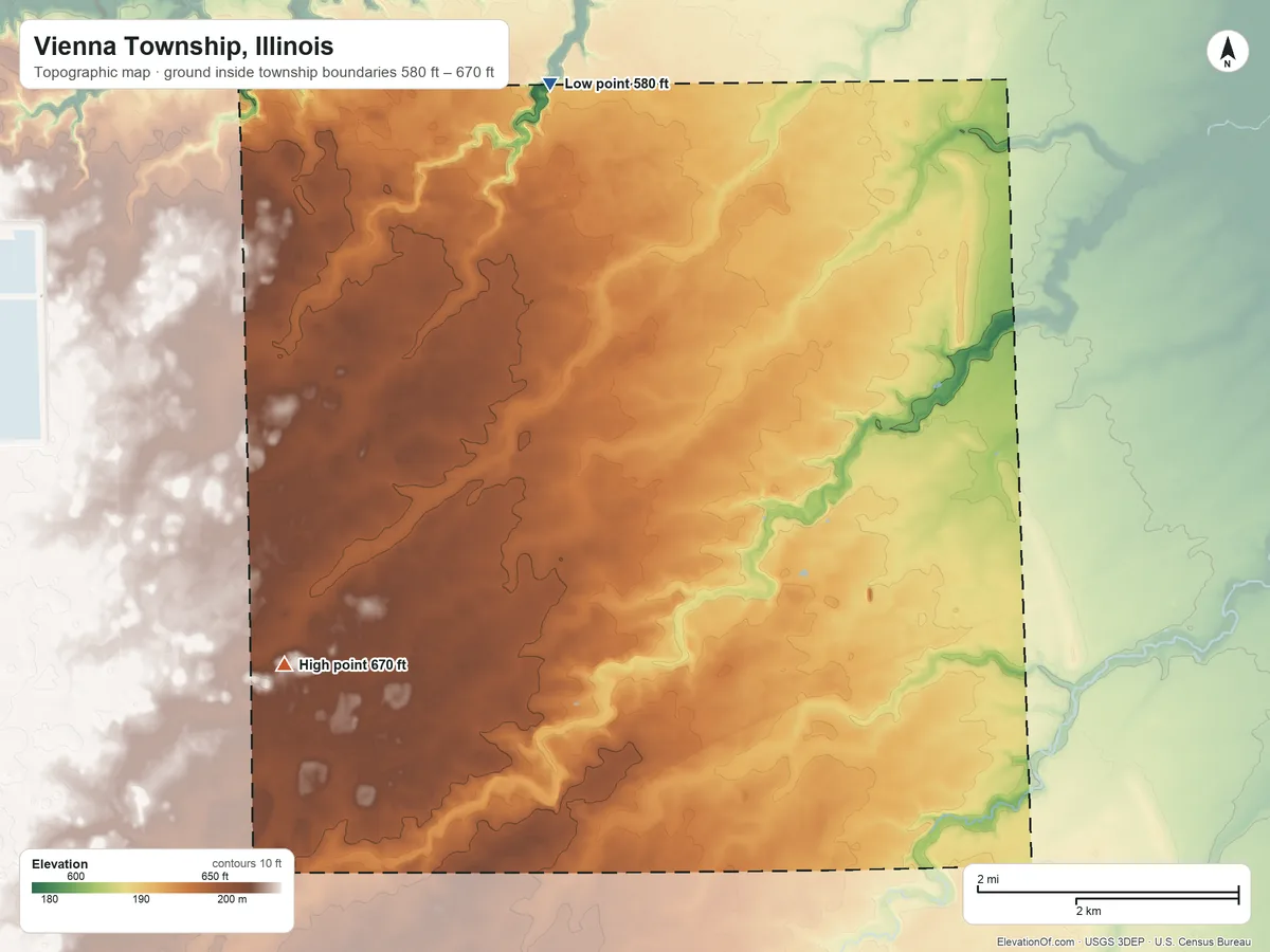 Topographic elevation map of Vienna Township, Illinois, shaded from 580 ft on the north side to 670 ft on the west side