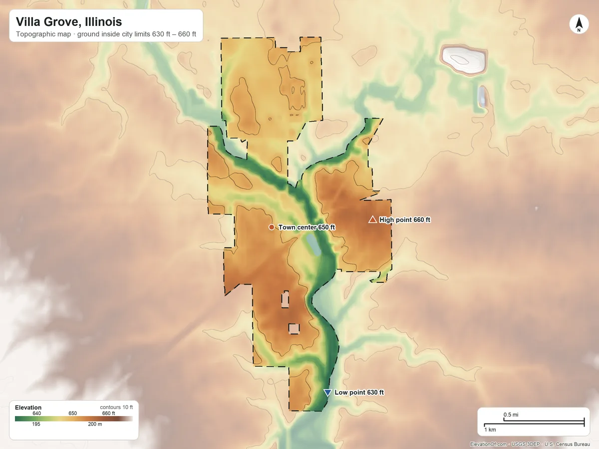 Topographic elevation map of Villa Grove, Illinois, shaded from 630 ft on the south side to 660 ft on the east side