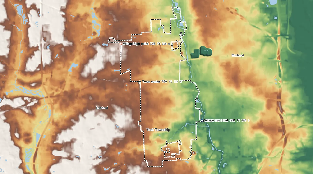 Topographic elevation map of Villa Park, Illinois, shaded from 660 ft on the southeast side to 730 ft on the northwest side