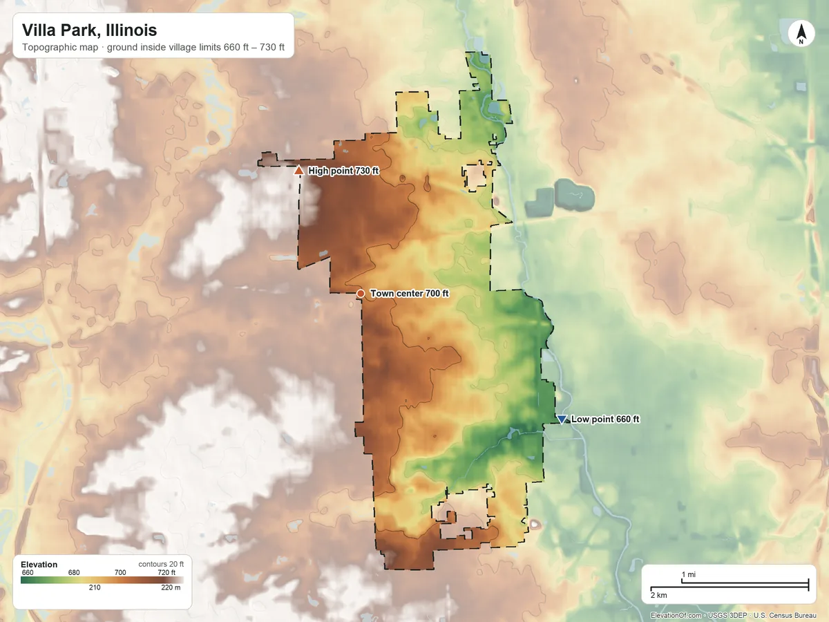 Topographic elevation map of Villa Park, Illinois, shaded from 660 ft on the southeast side to 730 ft on the northwest side