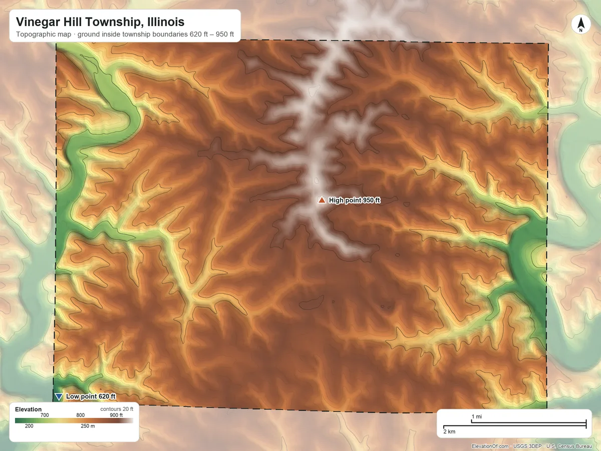 Topographic elevation map of Vinegar Hill Township, Illinois, shaded from 620 ft on the southwest side to 950 ft on the northeast side