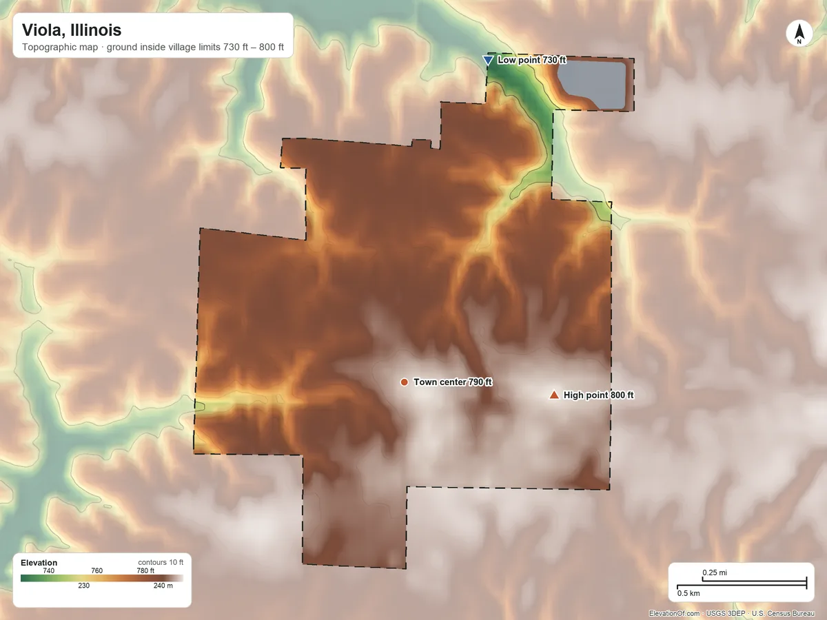 Topographic elevation map of Viola, Illinois, shaded from 730 ft on the north side to 800 ft on the east side