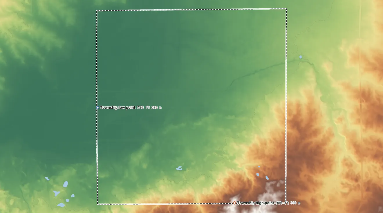 Topographic elevation map of Viola Township, Illinois, shaded from 750 ft on the west side to 980 ft on the south side