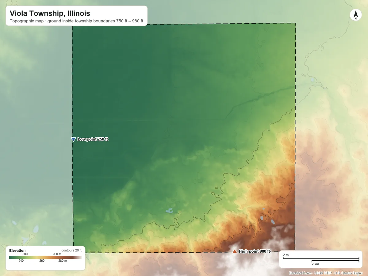 Topographic elevation map of Viola Township, Illinois, shaded from 750 ft on the west side to 980 ft on the south side