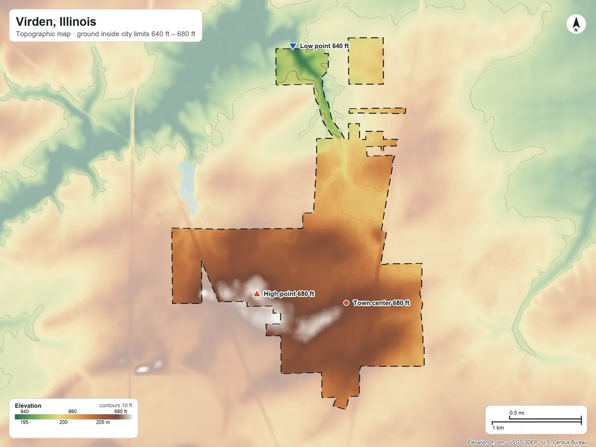 Topographic elevation map of Virden, Illinois, shaded from 640 ft on the north side to 680 ft on the west side
