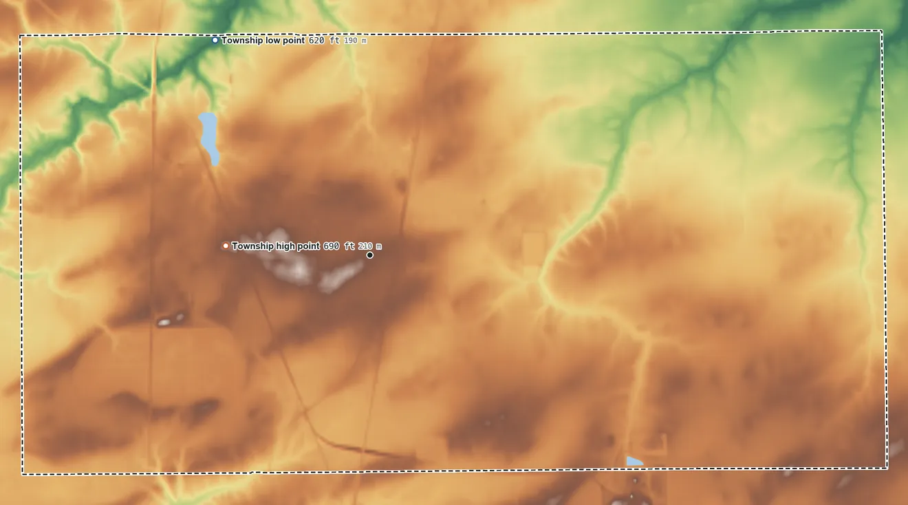Topographic elevation map of Virden Township, Illinois, shaded from 620 ft on the northwest side to 690 ft on the west side