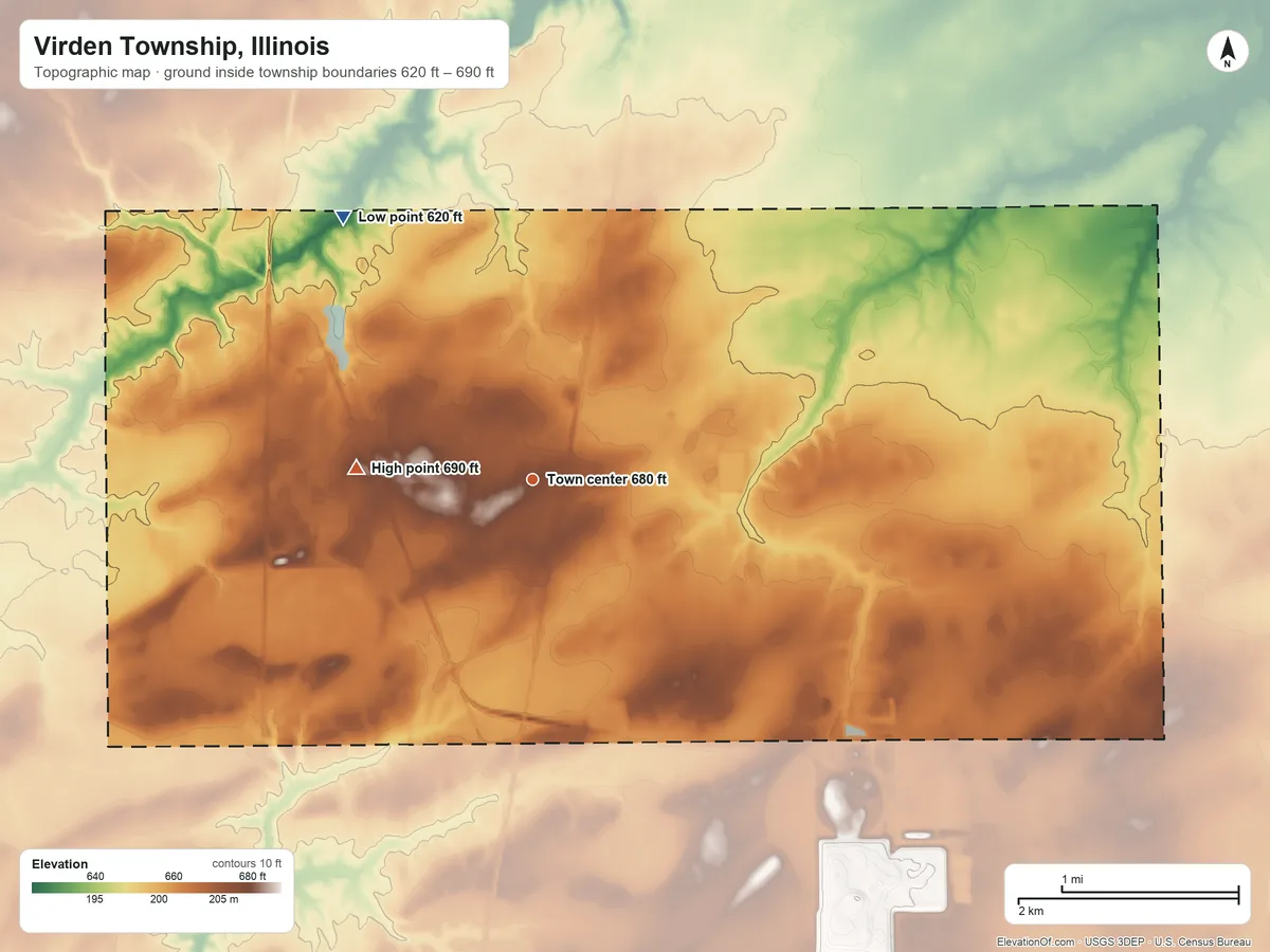 Topographic elevation map of Virden Township, Illinois, shaded from 620 ft on the northwest side to 690 ft on the west side