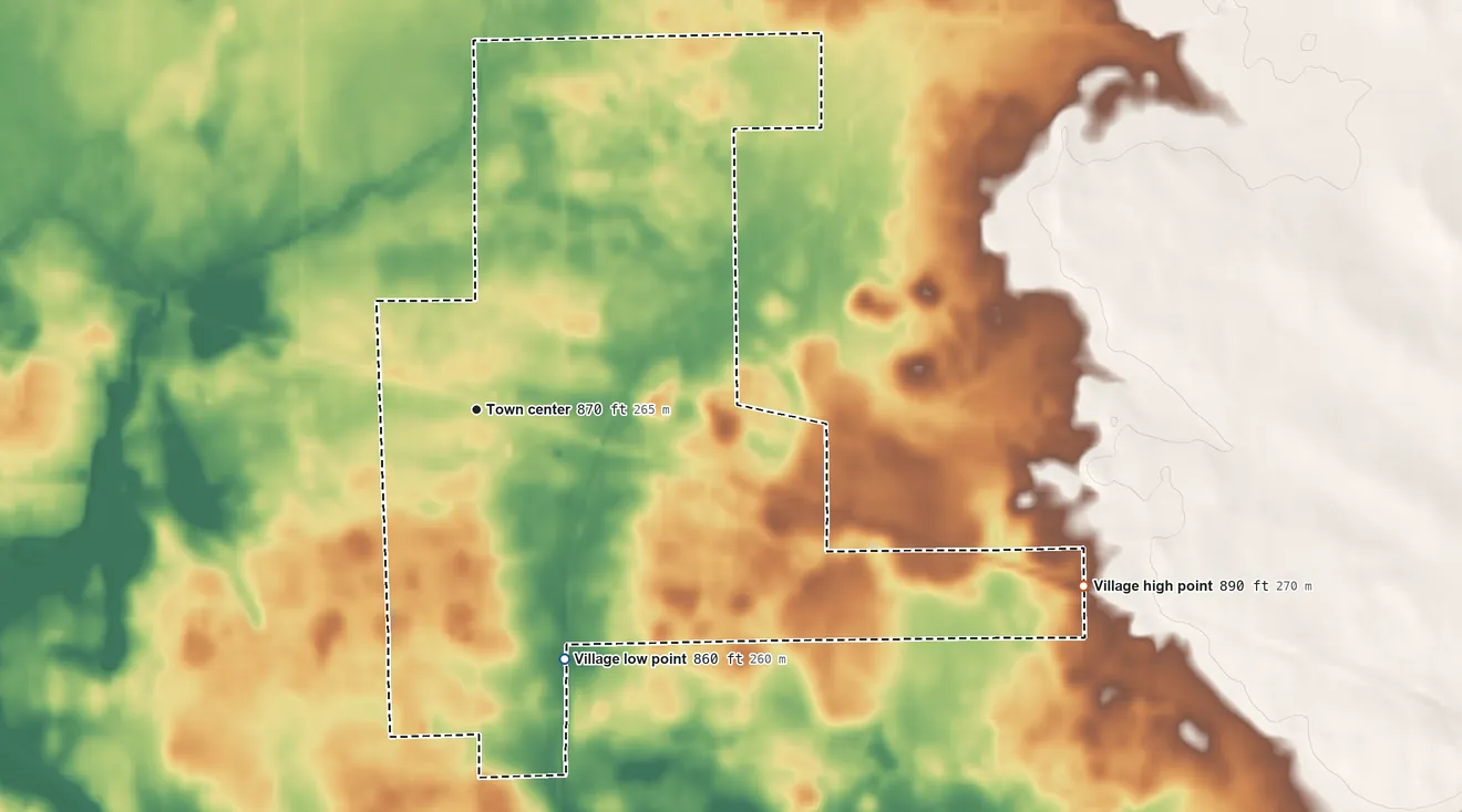 Topographic elevation map of Virgil, Illinois, shaded from 860 ft on the south side to 890 ft on the east side