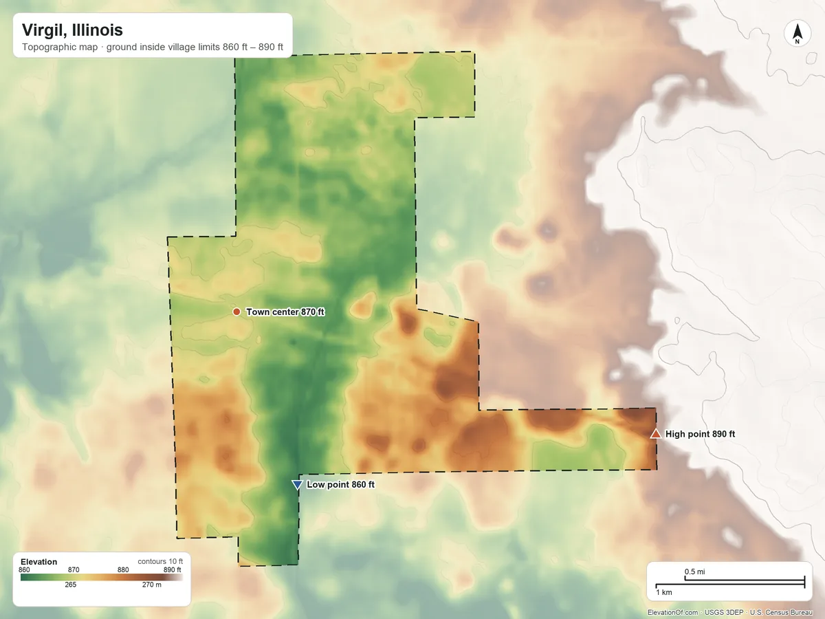 Topographic elevation map of Virgil, Illinois, shaded from 860 ft on the south side to 890 ft on the east side