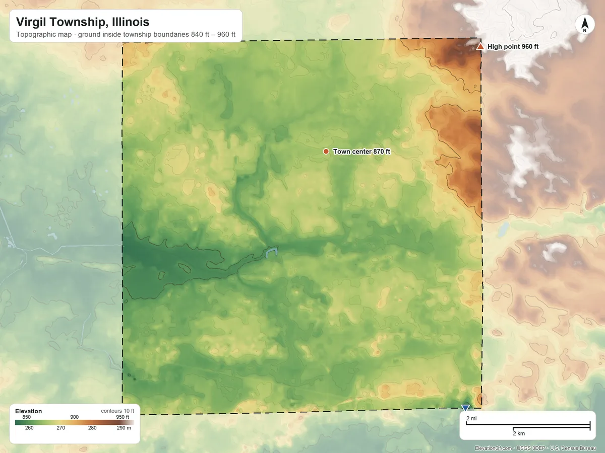 Topographic elevation map of Virgil Township, Illinois, shaded from 840 ft on the southeast side to 960 ft on the northeast side