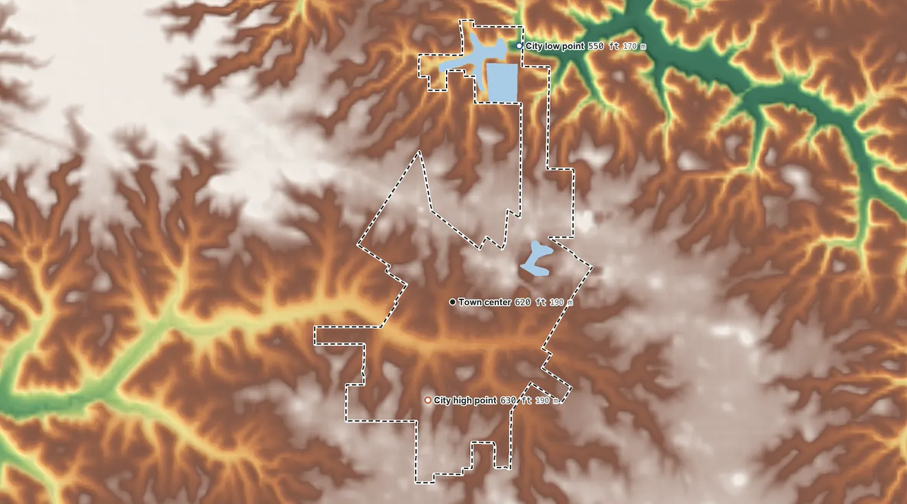 Topographic elevation map of Virginia, Illinois, shaded from 550 ft on the north side to 630 ft on the south side