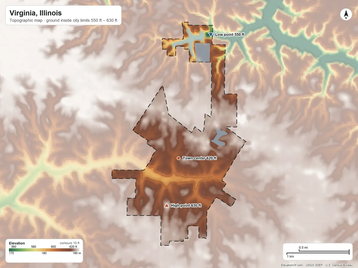 Topographic elevation map of Virginia, Illinois, shaded from 550 ft on the north side to 630 ft on the south side