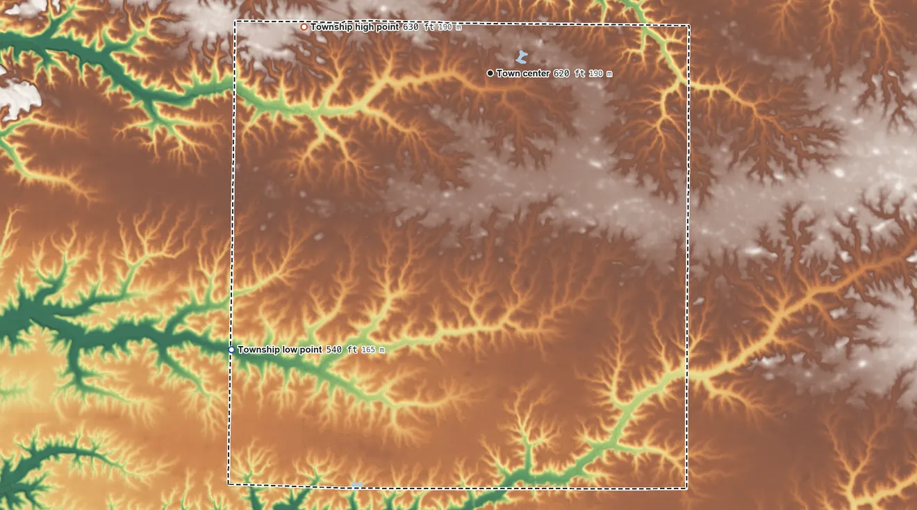 Topographic elevation map of Virginia Township, Illinois, shaded from 540 ft on the southwest side to 630 ft on the west side