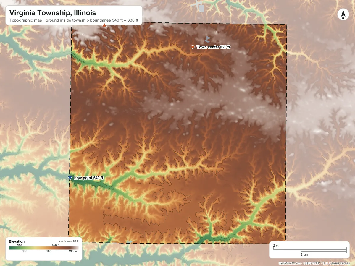 Topographic elevation map of Virginia Township, Illinois, shaded from 540 ft on the southwest side to 630 ft on the west side