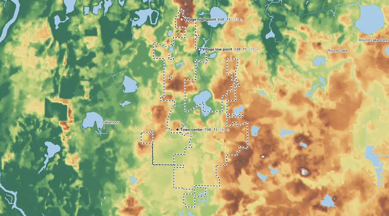 Topographic elevation map of Volo, Illinois, shaded from 740 ft on the north side to 840 ft on the north side