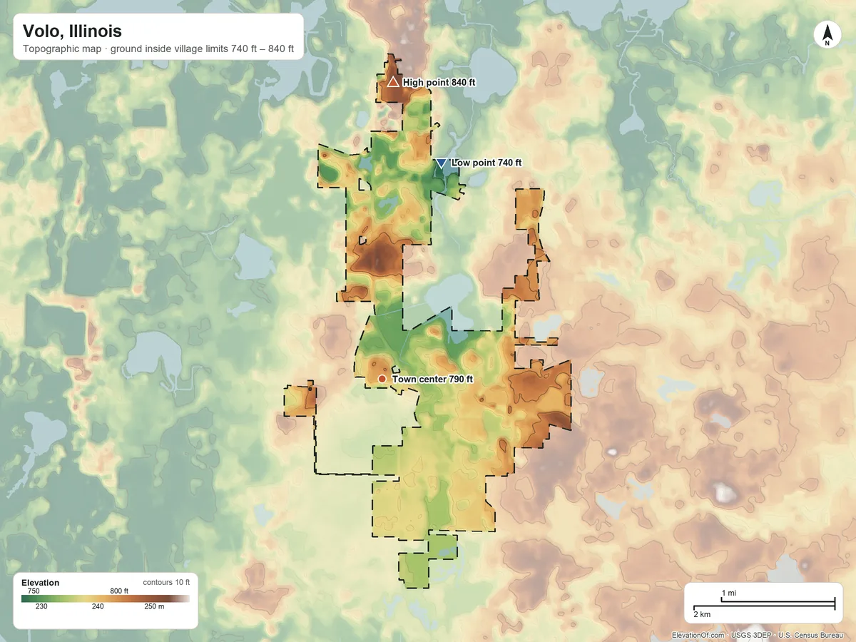 Topographic elevation map of Volo, Illinois, shaded from 740 ft on the north side to 840 ft on the north side