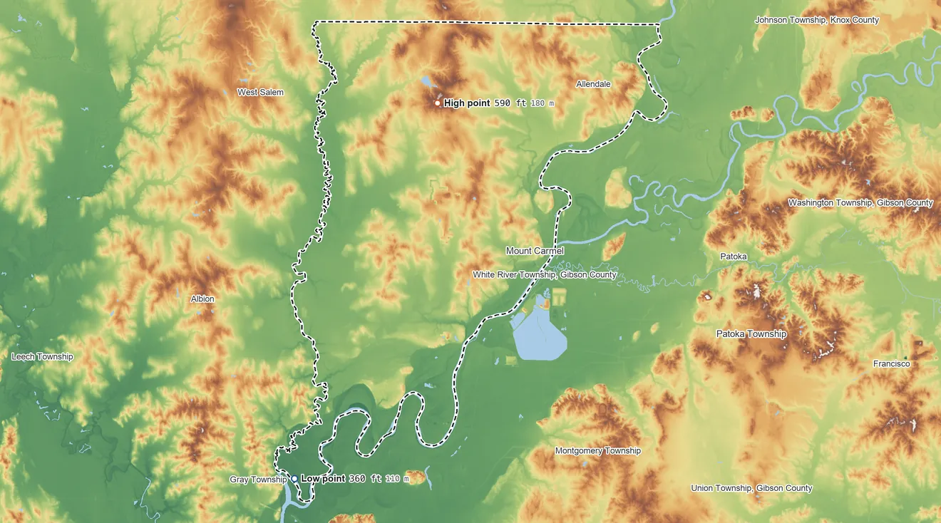 Topographic elevation map of Wabash County, Illinois, shaded from 360 ft on the southwest side to 590 ft on the north side