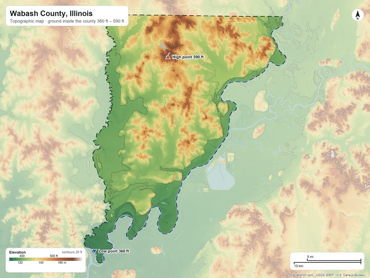 Topographic elevation map of Wabash County, Illinois, shaded from 360 ft on the southwest side to 590 ft on the north side