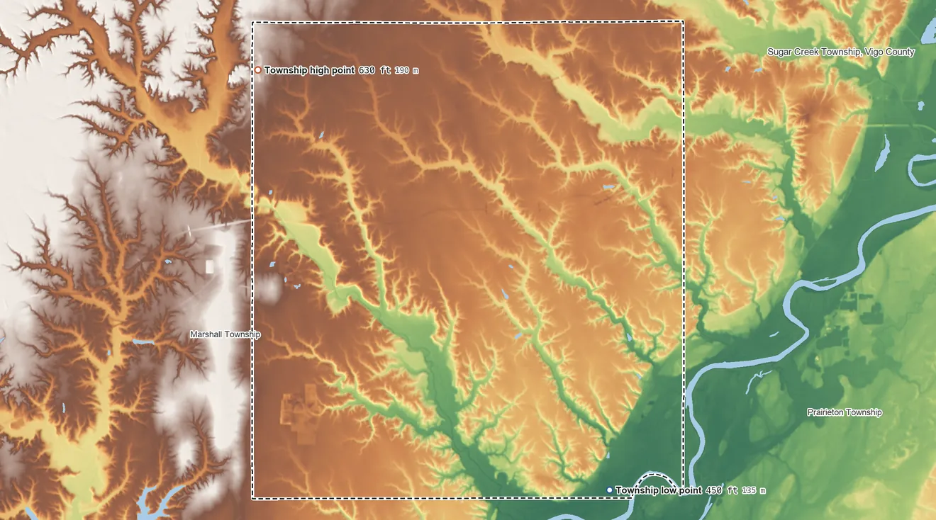 Topographic elevation map of Wabash Township, Illinois, shaded from 450 ft on the southeast side to 630 ft on the northwest side