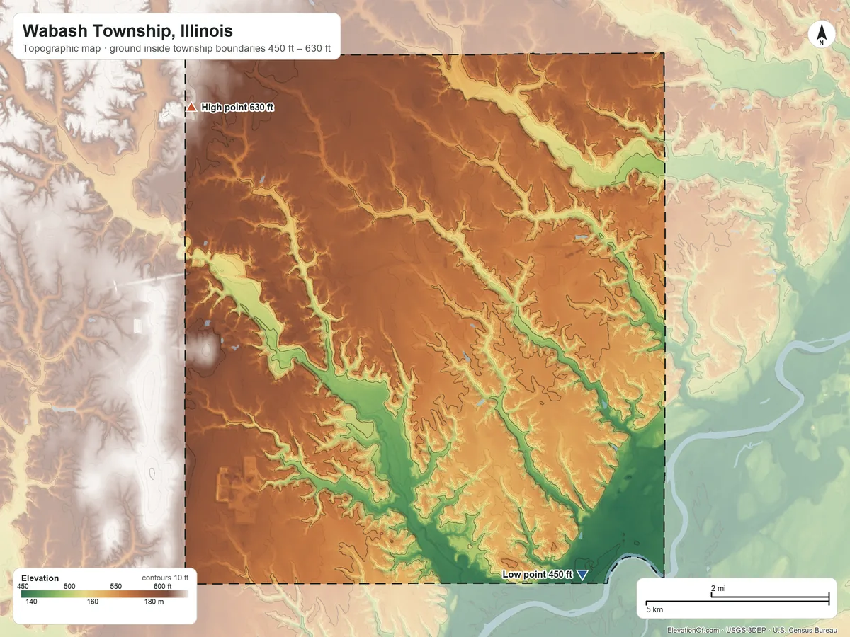 Topographic elevation map of Wabash Township, Illinois, shaded from 450 ft on the southeast side to 630 ft on the northwest side