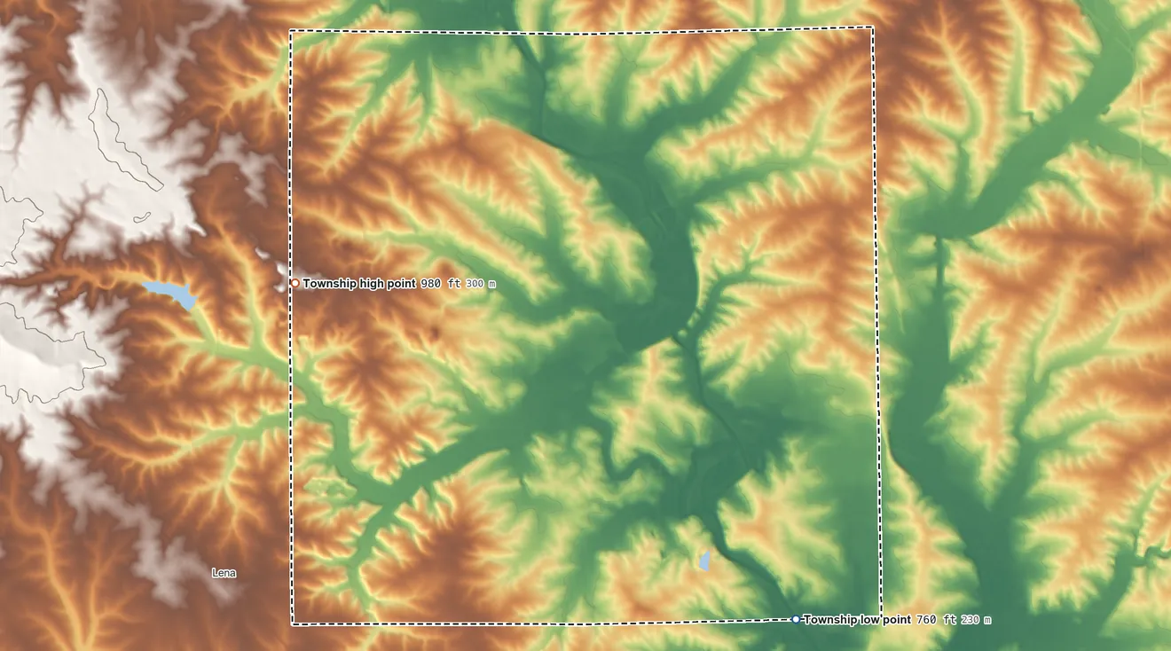 Topographic elevation map of Waddams Township, Illinois, shaded from 760 ft on the southeast side to 980 ft on the west side