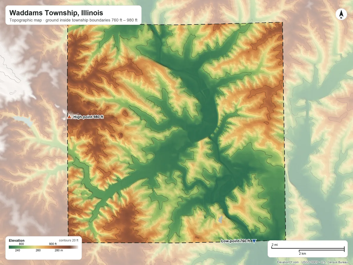 Topographic elevation map of Waddams Township, Illinois, shaded from 760 ft on the southeast side to 980 ft on the west side