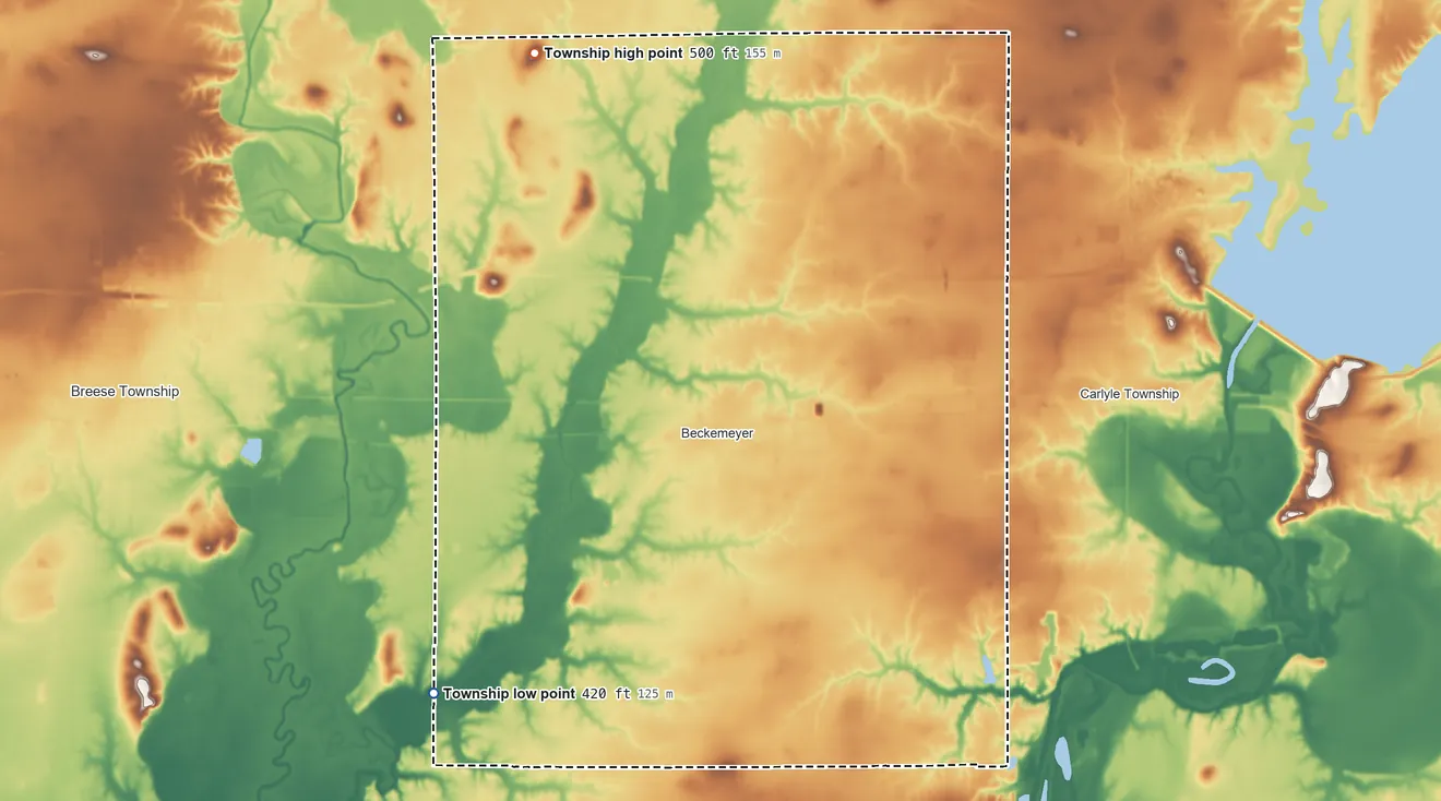 Topographic elevation map of Wade Township, Clinton County, Illinois, shaded from 420 ft on the southwest side to 500 ft on the northwest side