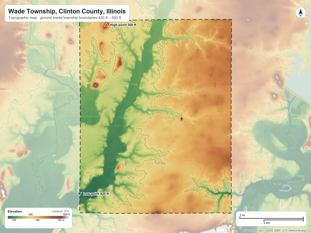 Topographic elevation map of Wade Township, Clinton County, Illinois, shaded from 420 ft on the southwest side to 500 ft on the northwest side