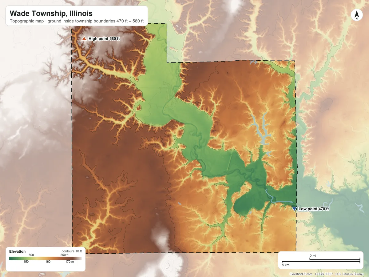 Topographic elevation map of Wade Township, Illinois, shaded from 470 ft on the east side to 580 ft on the northwest side