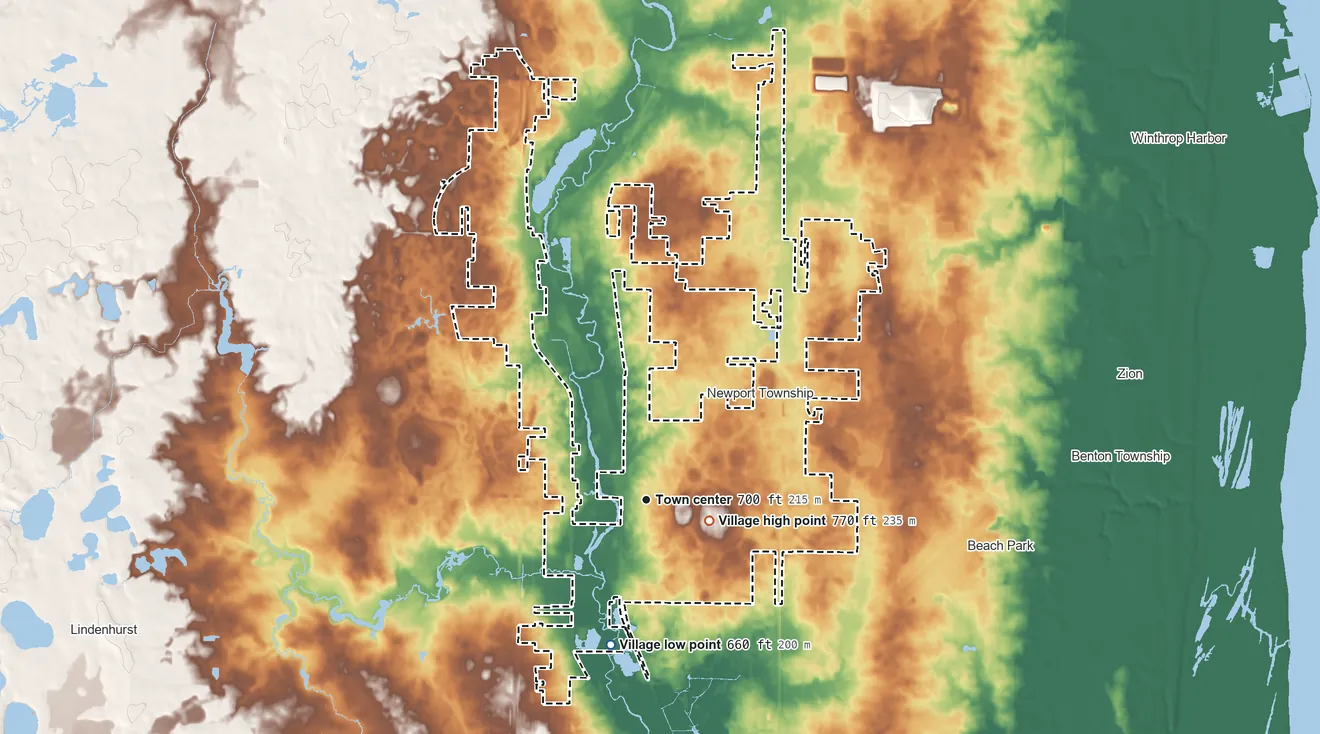Topographic elevation map of Wadsworth, Illinois, shaded from 660 ft on the south side to 770 ft on Leahy Hill
